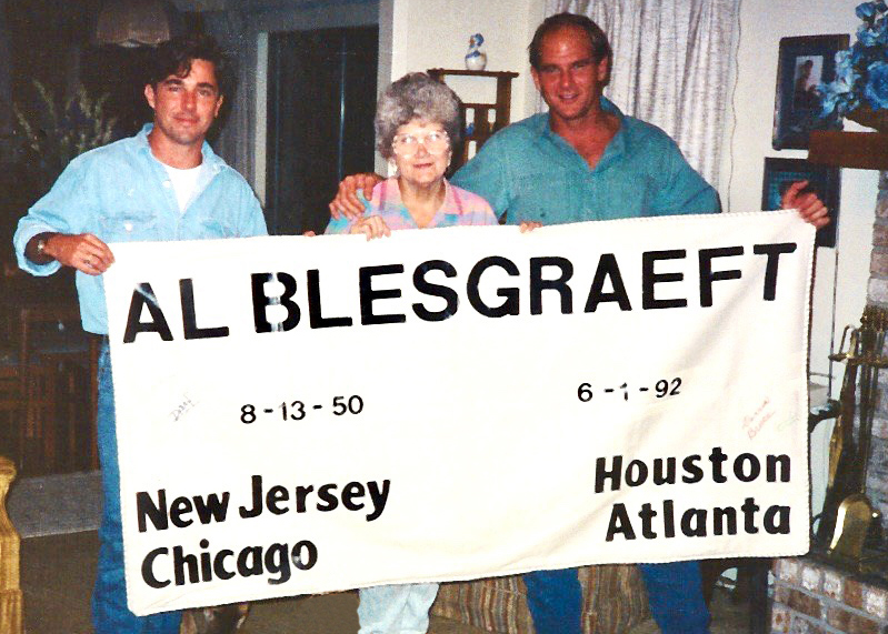 No Time for Complacency: GMHC Donor Frank Godchaux on Giving What You Can, Where You Are 1 Frank Godchaux (left) holds a panel for the NAMES Project AIDS Memorial Quilt in 1994 with Doris and David Bruce in remembrance of his deceased boyfriend, Al Blesgraeft.