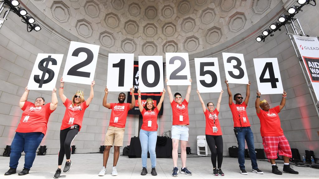 News 78 AIDS Walk New York 2023 fundraising total announcement on the Naumburg Bandshell in Central Park.